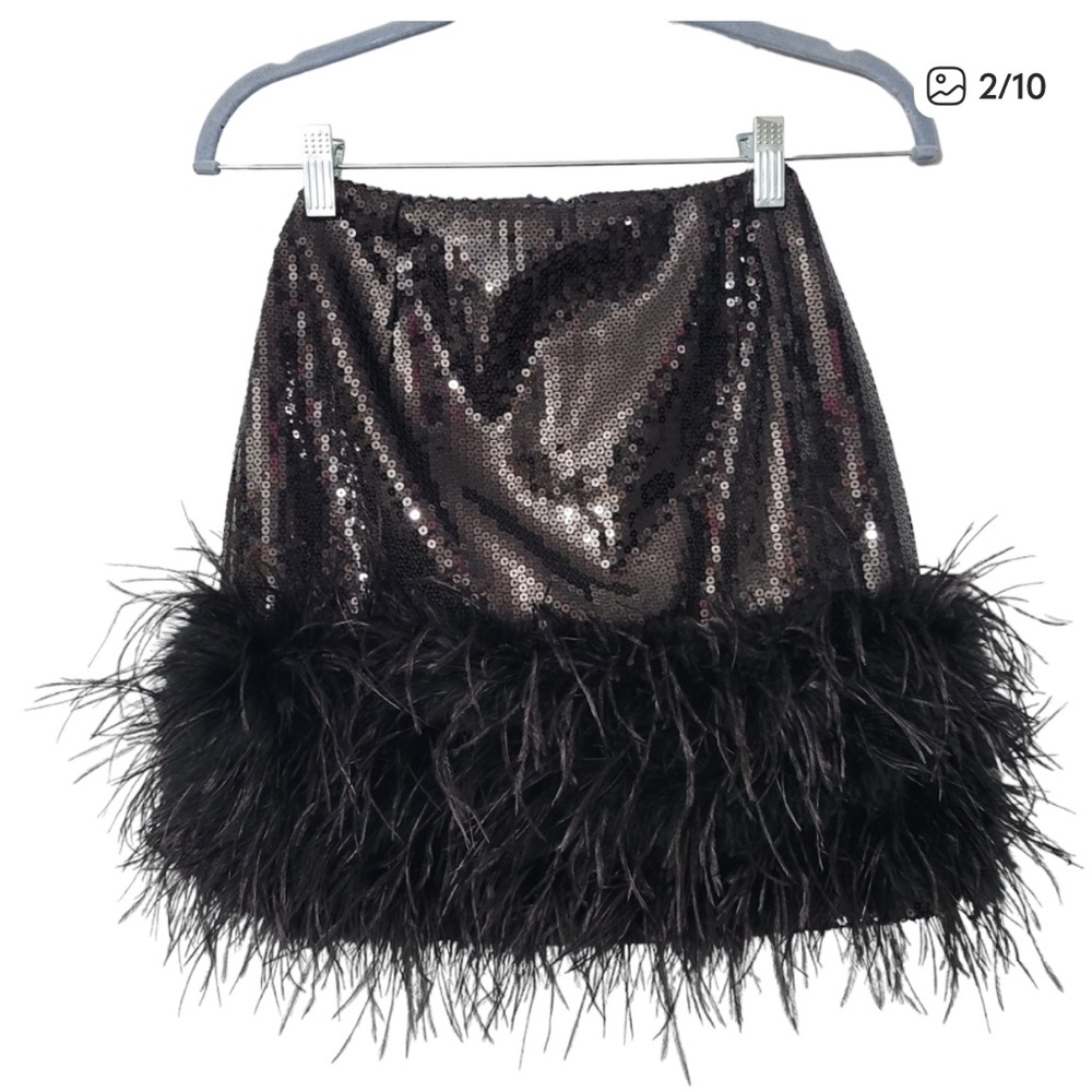 Nadine Merabi Black Roxy Sequin Feather Mini Skirt Like New - Picture 3 of 3